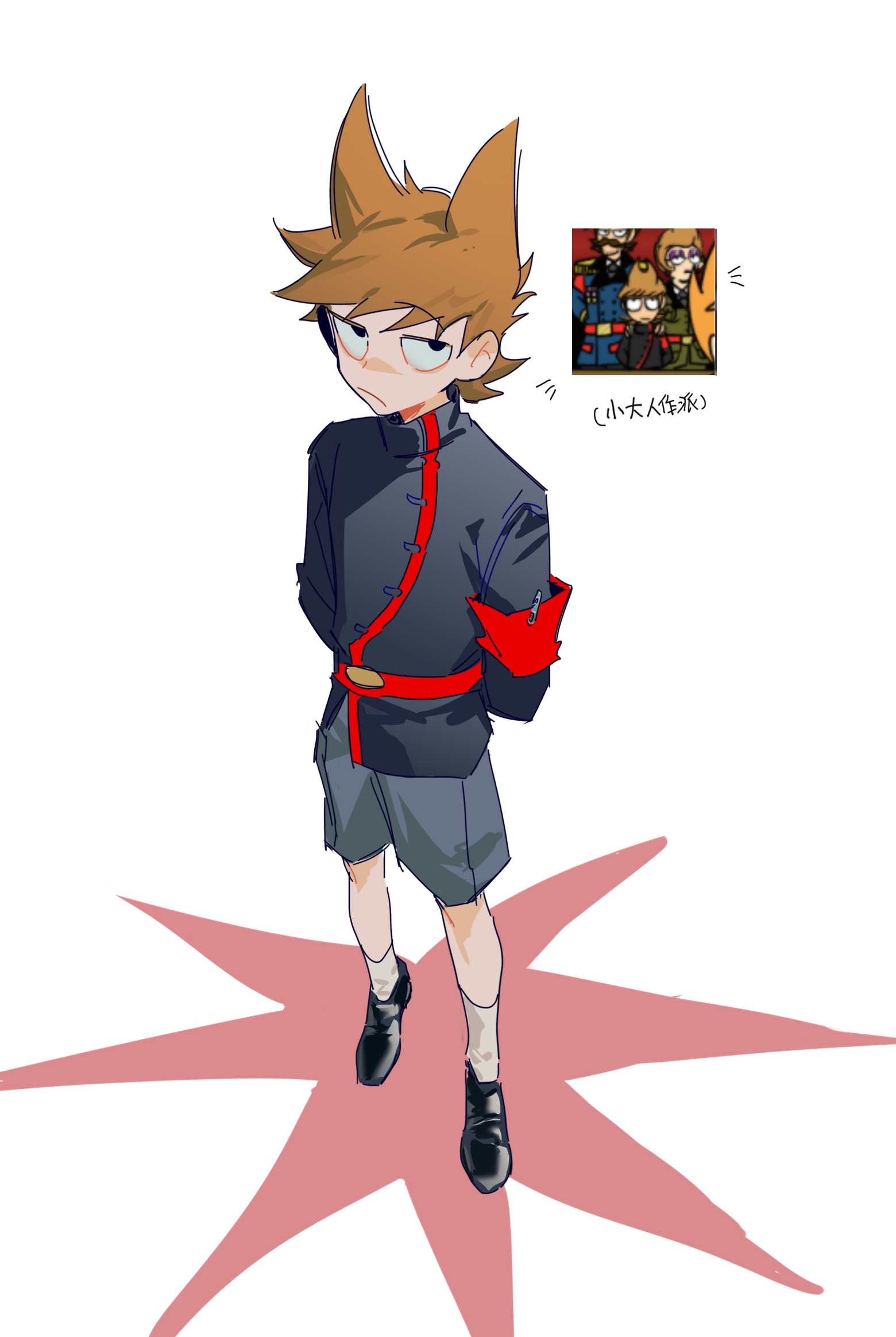 eddsworld, chinese commentary, commentary request, highres, translation request, 1boy, aged down, ankle socks, armband, arms behind back, belt, black eyes, black jacket, black shoes, brown hair, chinese text, closed mouth, from above, frown, full body, grey shorts, hair horns, jacket, jitome, long sleeves, looking at viewer, looking up, male focus, no pupils, red armband, red belt, reference inset, screenshot inset, shoes, short hair, shorts, simple background, socks, solo, standing, star (symbol), swept bangs, tord (eddsworld), turtleneck, turtleneck jacket, very short hair, white background, white socks, xic94