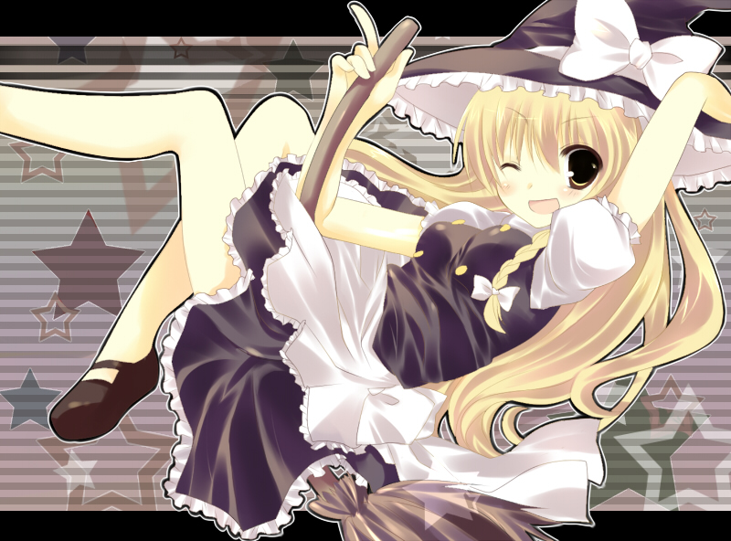 kinoko (hkn), knk, kirisame marisa, touhou, bad id, bad pixiv id, 1girl, blonde hair, breasts, broom, dress, female focus, hat, long hair, one eye closed, ribbon, solo, wink
