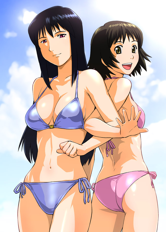 ueyama michirou, kaminagi ryouko, misaki shizuno, zegapain, 00s, 2girls, ass, back-to-back, bikini, black hair, breasts, brown eyes, brown hair, day, large breasts, locked arms, long hair, multiple girls, red eyes, side-tie bikini bottom, smile, swimsuit
