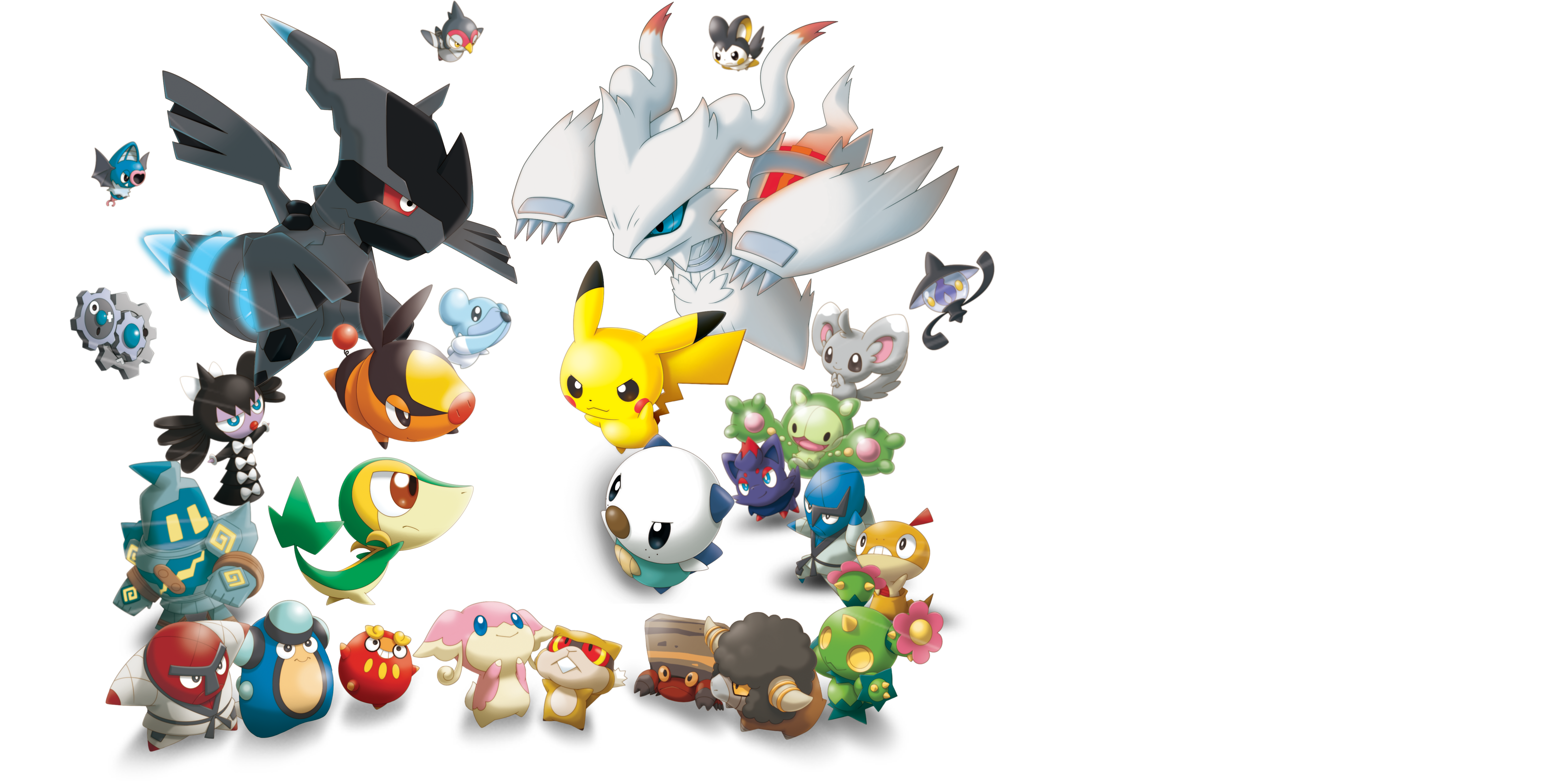 audino, bouffalant, crustle, cubchoo, darumaka, emolga, golurk, gothitelle, klang, lampent, maractus, minccino, oshawott, palpitoad, patrat, pikachu, reshiram, reshiram (overdrive), reuniclus, sawk, scraggy, snivy, swoobat, tepig, throh, tranquill, zekrom, zekrom (overdrive), zorua, nintendo, pokemon, pokemon rumble, absurdres, artist request, highres, official art, third-party source, :3, :o, bird, black eyes, blue eyes, blue sclera, bright pupils, brown eyes, chibi, claws, closed mouth, colored sclera, dot nose, dougi, dragon, dragon wings, gears, gen 1 pokemon, gen 5 pokemon, glowing tail, legendary pokemon, motion lines, open mouth, pokemon (creature), pokemon focus, pokemon rumble blast, red sclera, smile, snot, teeth, transparent background, v-shaped eyebrows, white eyes, white pupils, wings, yellow eyes