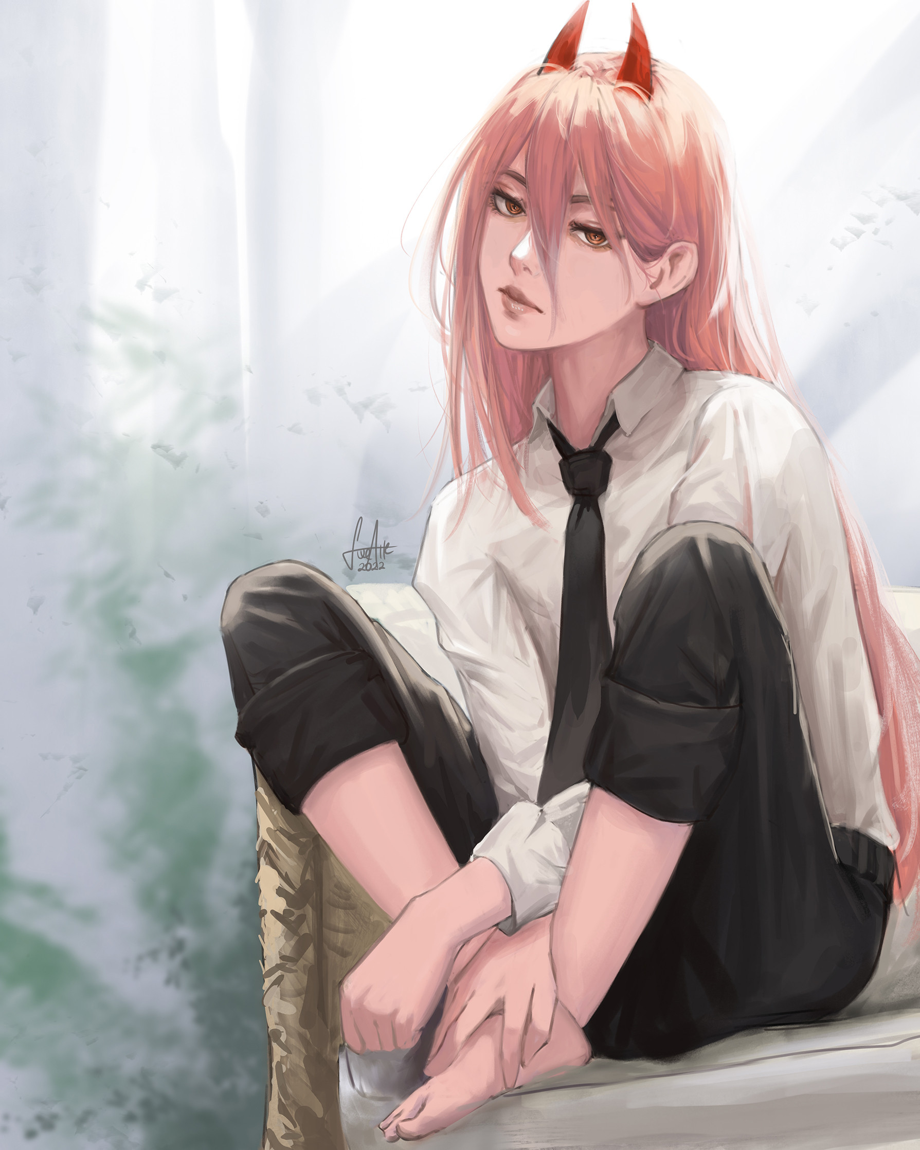 luxearte, power (chainsaw man), chainsaw man, commentary, highres, 1girl, barefoot, black necktie, black pants, closed mouth, collared shirt, cross-shaped pupils, dated, demon girl, demon horns, full body, hair between eyes, horns, knees up, lips, long hair, long hair between eyes, long sleeves, looking at viewer, necktie, pants, red horns, ringed eyes, shirt, signature, sitting, solo, symbol-shaped pupils, white shirt