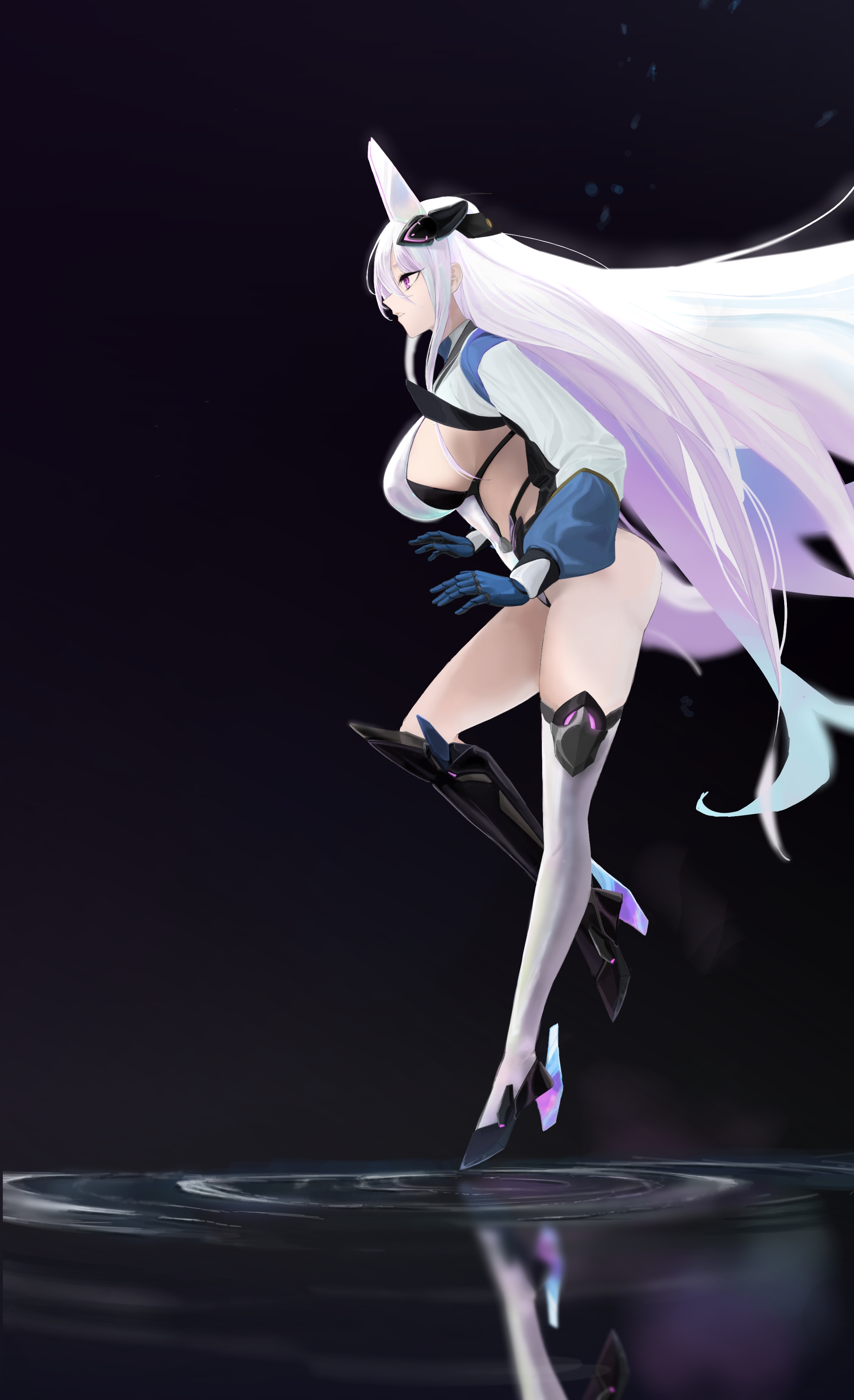 scarfpen01, kearsarge (azur lane), azur lane, absurdres, commentary, english commentary, highres, 1girl, boots, breasts, from side, headgear, large breasts, leaning forward, leotard, long hair, long sleeves, mechanical hands, purple eyes, reflection, reflective water, rudder footwear, sideboob, solo, thigh boots, very long hair, walking, walking on liquid, white boots, white hair, white leotard