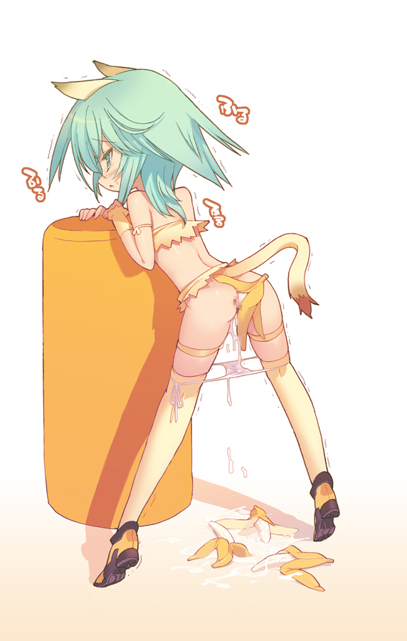 blade (galaxist), cham cham, samurai spirits, snk, bad id, bad pixiv id, 1girl, animal ears, ass, back, banana, bent over, censored, cum, dildo, female ejaculation, female focus, female orgasm, food, food insertion, fruit, fruit insertion, green hair, loli, object insertion, orgasm, panties, panty pull, pussy juice, pussy juice trail, sex toy, solo, spread legs, tail, thighhighs, tiptoes, trembling, underwear, vaginal, vaginal object insertion, wet, wet clothes, wet panties
