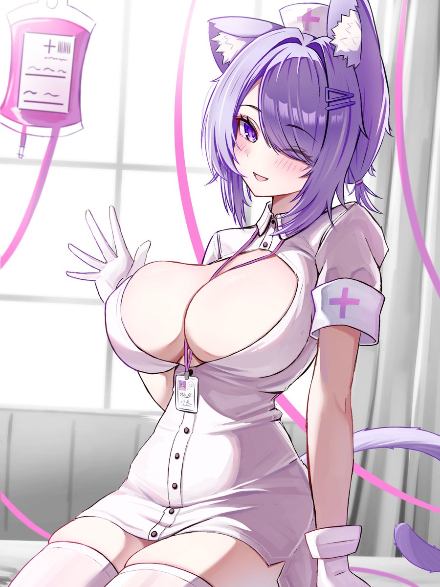 kogekoge1207, nekomata okayu, hololive, highres, 1girl, animal ear fluff, animal ears, blood, blood bag, breasts, cat ears, cat girl, cleavage, cowboy shot, dress, eyelashes, hair over one eye, hat, id card, indoors, large breasts, nurse, nurse cap, one eye closed, purple eyes, purple hair, short hair, skindentation, solo, thighhighs, virtual youtuber, white dress, white thighhighs
