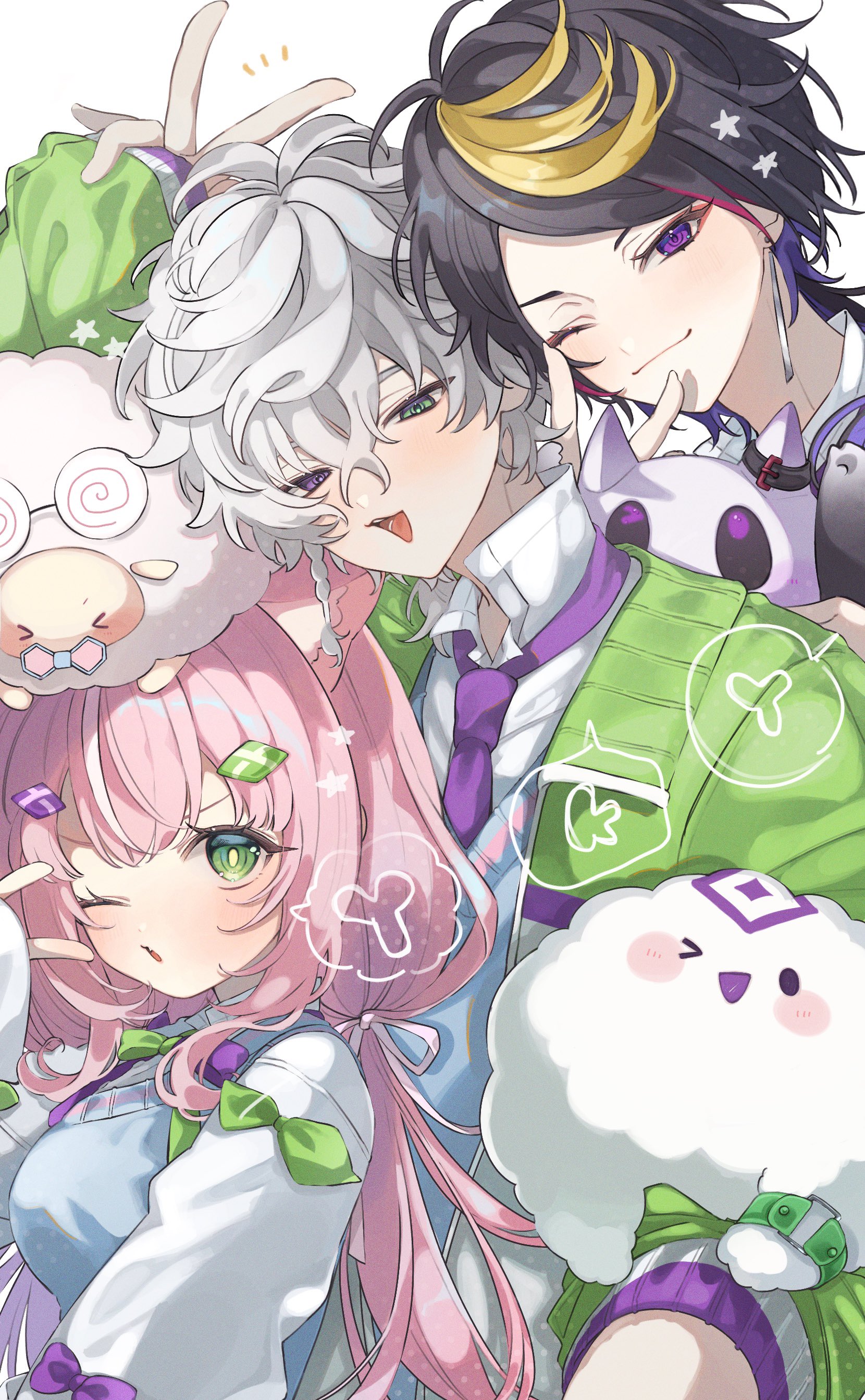 murakumo kagetsu, shu yamino, yang nari, nijisanji, nijisanji en, nijisanji kr, absurdres, highres, 1girl, 2boys, animal ears, black hair, blue vest, cat ears, cat tail, eyeliner, green eyes, green jacket, hair ornament, hairclip, hand up, heterochromia, jacket, long hair, long sleeves, looking at viewer, makeup, male focus, multicolored hair, multiple boys, one eye closed, open clothes, open jacket, open mouth, pink hair, purple eyes, red eyeliner, school uniform, shirt, short hair, smile, tail, two-tone hair, un4 o, upper body, v, vest, virtual youtuber, white hair, white shirt, yamikumoyan (nijisanji)