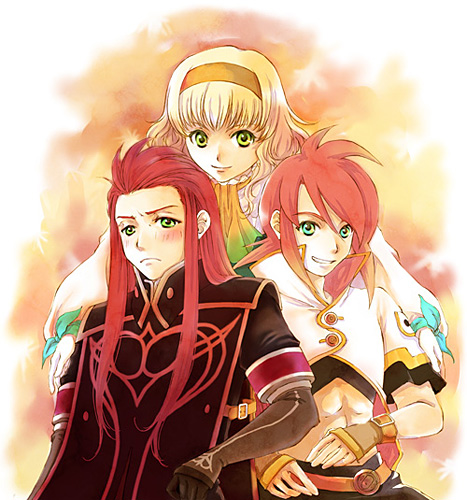 asch (tales), luke fon fabre, natalia luzu kimlasca lanvaldear, tales of (series), tales of the abyss, lowres, 00s, 1girl, 2boys, ascot, blonde hair, blush, gloves, green eyes, hairband, long hair, multiple boys, orange ascot, red hair, short hair, smile, surcoat, yellow eyes