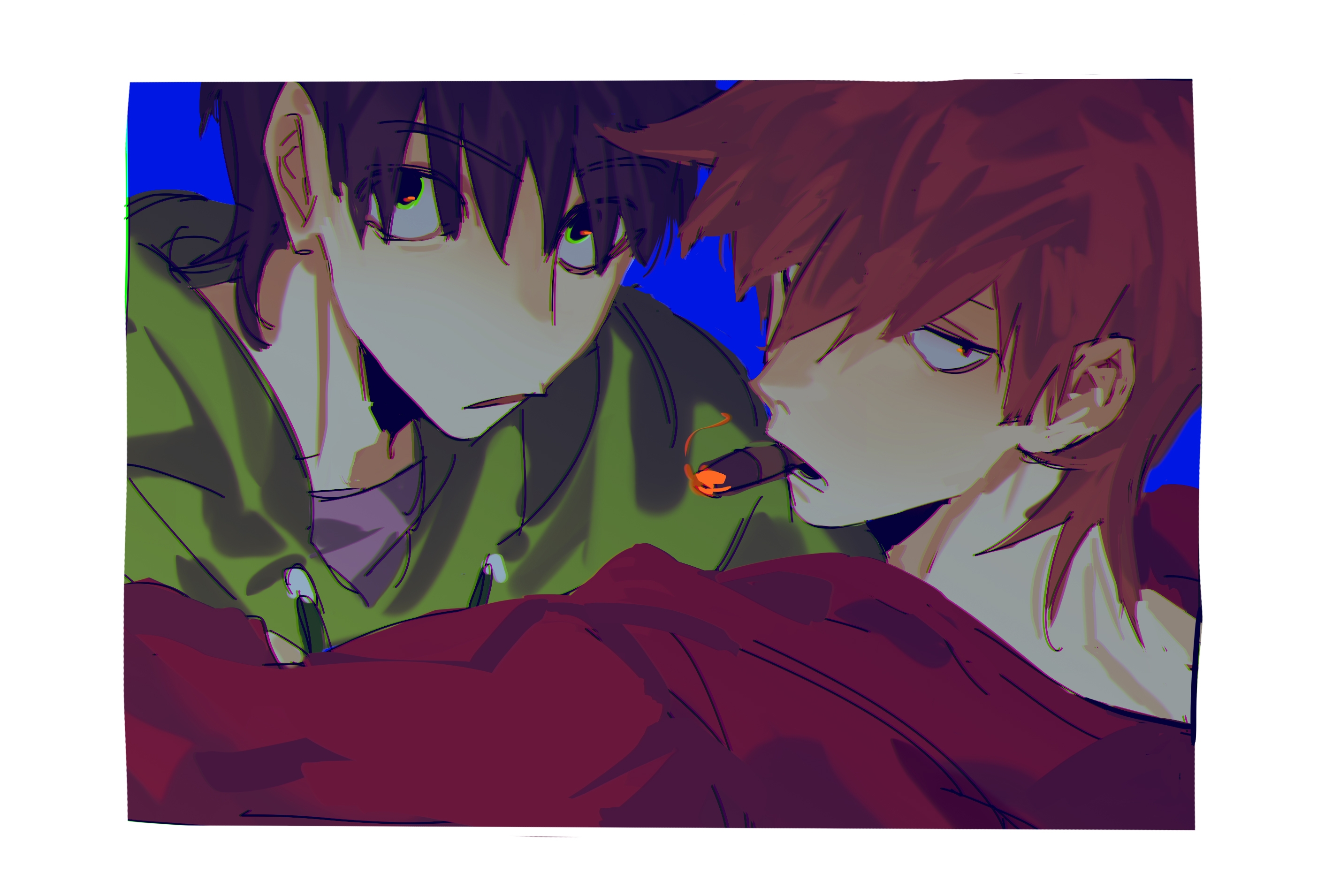 edd (eddsworld), eddsworld, chinese commentary, commentary request, highres, 2boys, blue background, border, brown hair, chromatic aberration, cigarette, drawstring, from behind, frown, green eyes, green hoodie, grey shirt, hair behind ear, hair between eyes, hood, hood down, hoodie, long sleeves, looking at viewer, looking back, lower teeth only, male focus, mouth hold, multiple boys, open mouth, portrait, red eyes, red hoodie, shirt, short hair, simple background, swept bangs, teeth, tord (eddsworld), very short hair, white border, xic94