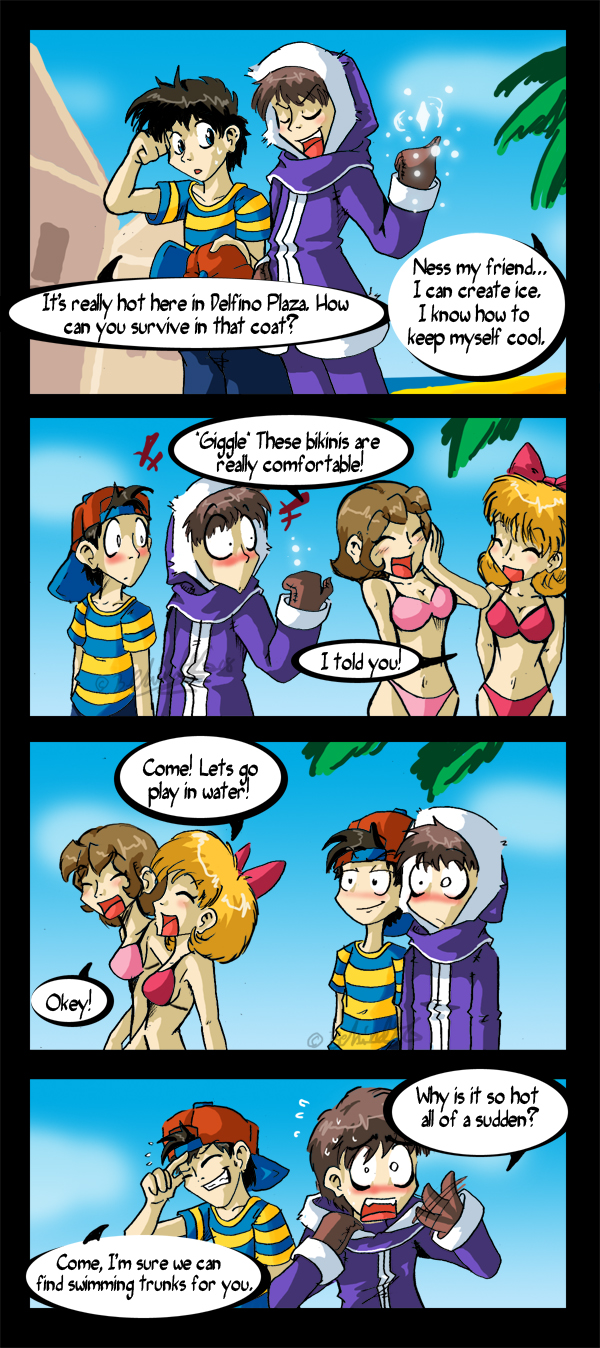 ice climbers, nana (ice climber), paula polestar, popo (ice climber), ice climber, nintendo, ness, highres, beach, bikini, child, comic, swimsuit