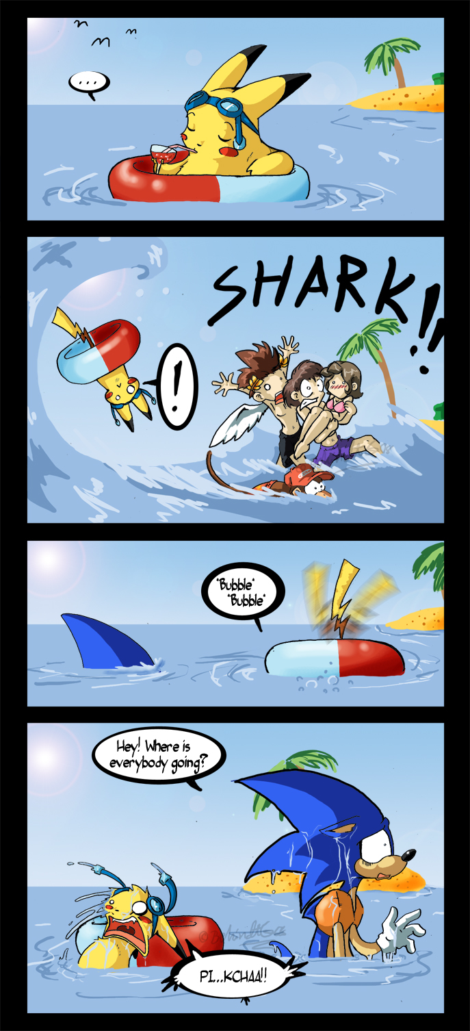 diddy kong, ice climbers, nana (ice climber), pikachu, pit (kid icarus), popo (ice climber), sonic the hedgehog, ice climber, kid icarus, nintendo, pokemon, sonic (series), super smash bros., highres, bikini, comic, gen 1 pokemon, monkey, pokemon (creature), swimsuit