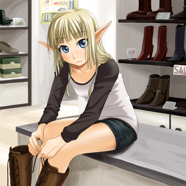 unyon, original, blonde hair, blue eyes, boots, long hair, pointy ears, raglan sleeves, shoes, shorts, single shoe, sitting, solo