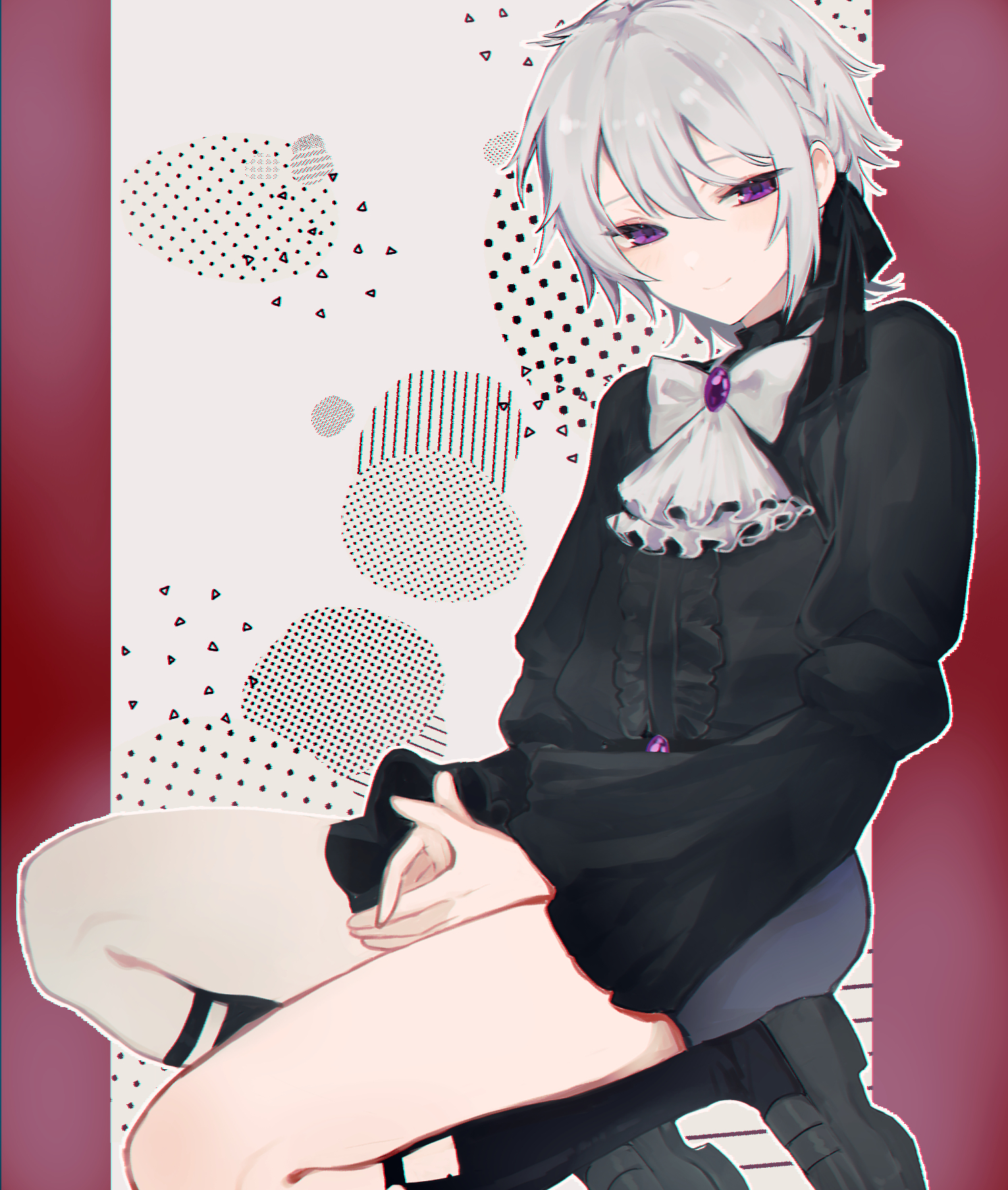 eurasia (wtp09ptw14), original, commentary request, highres, 1girl, ascot, black shirt, bow, braid, brooch, center frills, choppy bangs, closed mouth, frills, full body, gem, grey shorts, hair between eyes, jewelry, long sleeves, looking at viewer, own hands together, purple eyes, purple gemstone, shirt, short hair, shorts, smile, solo, white ascot, white bow, white hair