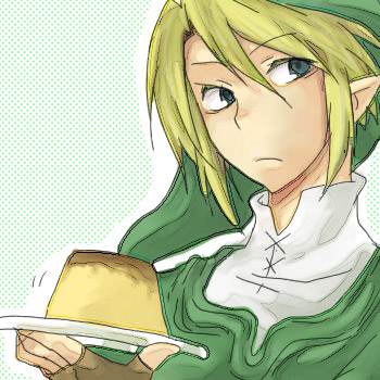 link, nintendo, the legend of zelda, lowres, 1boy, blonde hair, blue eyes, food, gloves, male focus, pointy ears, pudding, solo