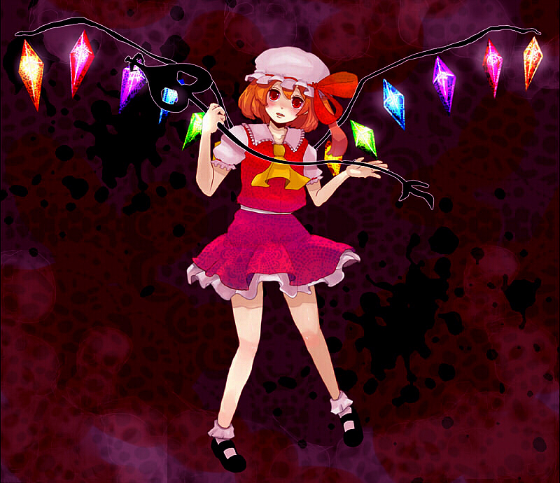 nasu (pixiv32561), runa (biscuit union), flandre scarlet, touhou, bad id, bad pixiv id, 1girl, black shoes, blouse, collared shirt, female focus, full body, hat, head tilt, mob cap, red background, red eyes, shirt, shoes, socks, solo, standing, white hat, white shirt, white socks, wings
