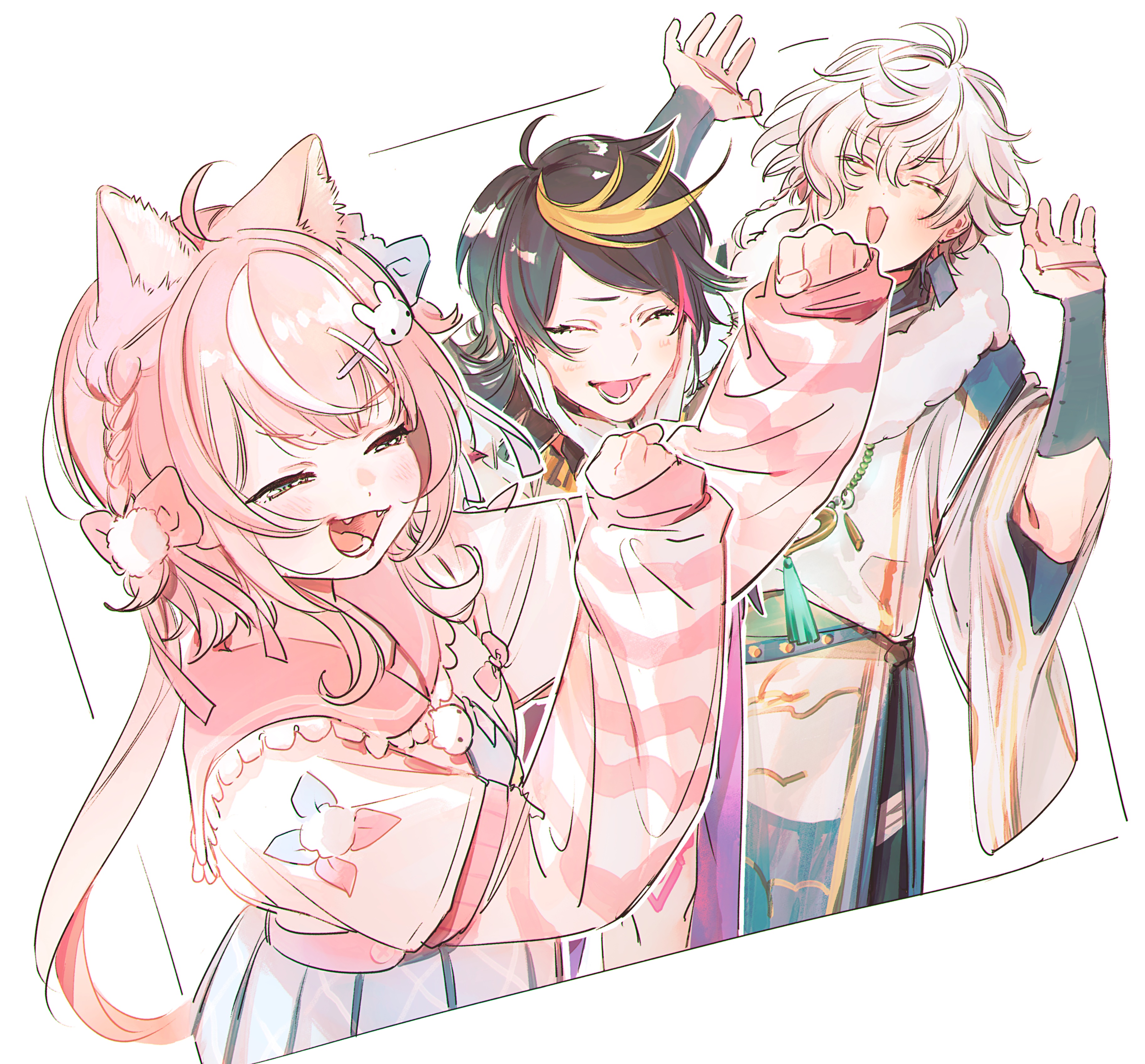 jump (ah0029), murakumo kagetsu, shu yamino, yang nari, nijisanji, nijisanji en, nijisanji kr, absurdres, highres, 1girl, 2boys, animal ears, black hair, bow, braid, cat ears, cat girl, closed eyes, hair bow, hair ornament, half-closed eyes, japanese clothes, laughing, long hair, multicolored hair, multiple boys, pink hair, pink sailor collar, pink shirt, pleated skirt, rabbit hair ornament, sailor collar, shirt, short hair, side braid, simple background, skirt, smile, two-tone hair, virtual youtuber, white background, white hair, x hair ornament, yamikumoyan (nijisanji)