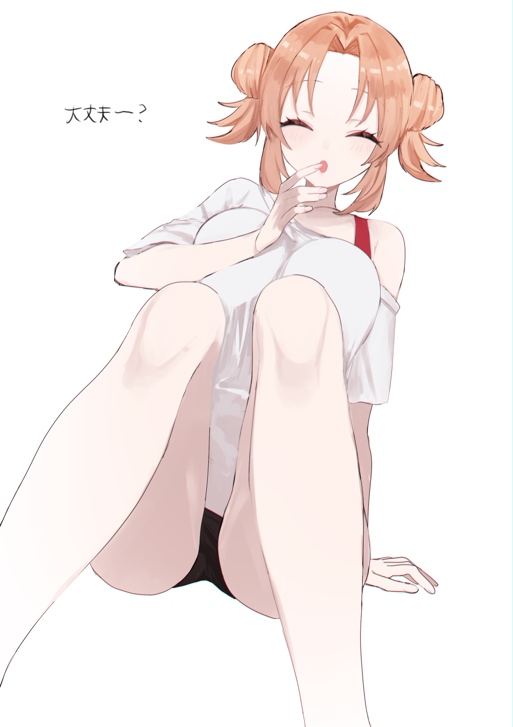 eurasia (wtp09ptw14), original, commentary request, highres, translation request, 1girl, :o, bare legs, black panties, breasts, choppy bangs, closed eyes, double bun, facing viewer, feet out of frame, hair bun, hand to own mouth, hand up, knees up, large breasts, open mouth, orange hair, panties, shirt, short hair, short sleeves, simple background, single bare shoulder, sitting, solo, underwear, white background, white shirt