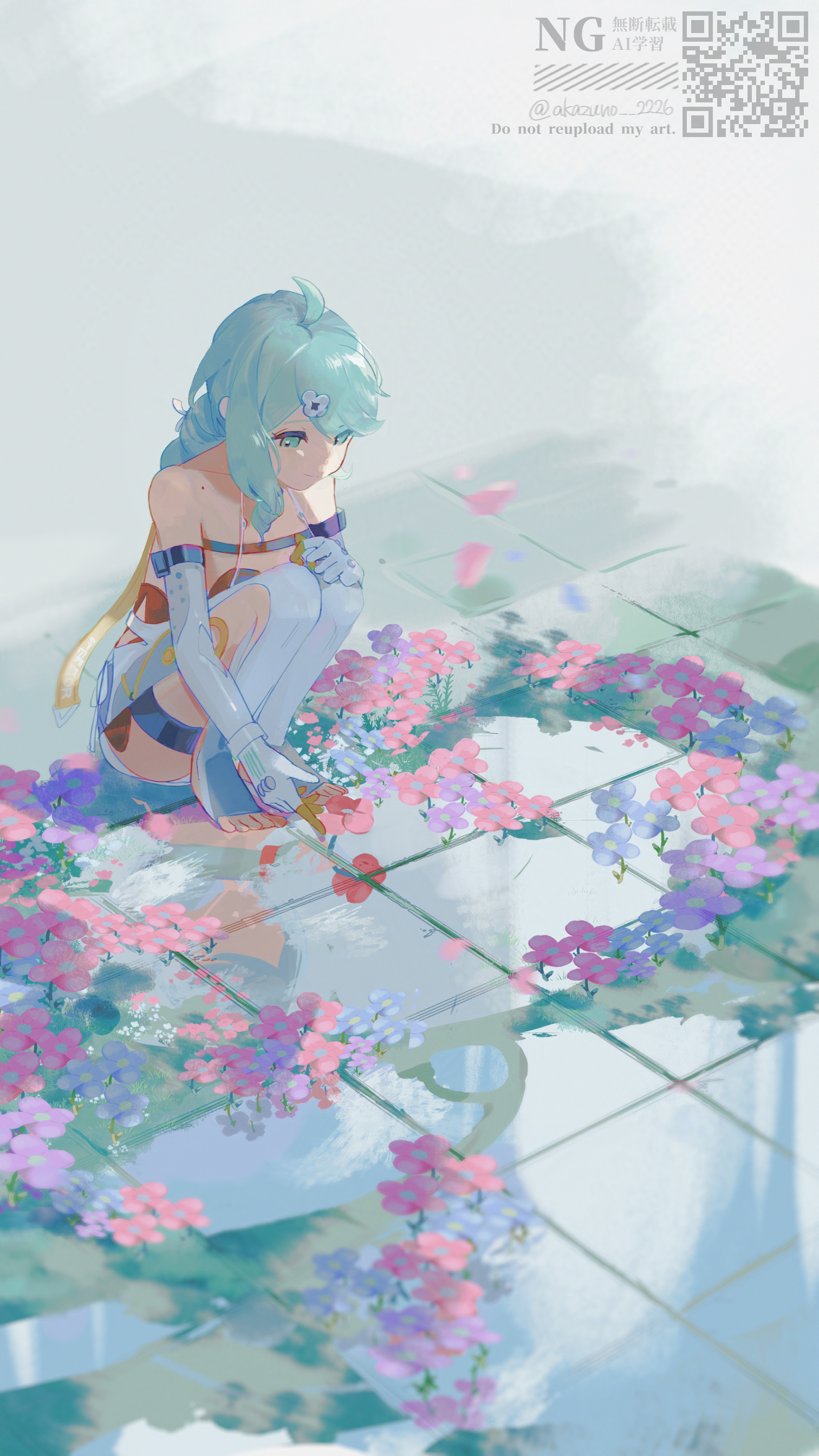 akanoao wawawa, seed (zenless zone zero), zenless zone zero, toeless socks, absurdres, highres, 1girl, bare shoulders, blue eyes, blue flower, blue hair, clothing cutout, falling petals, feet, flower, flower hairpin, formal clothes, gloves, hair ornament, hairpin, hand on own knee, mole, mole on shoulder, on floor, petals, pink flower, ponytail, purple flower, qr code, red flower, see-through clothes, see-through dress layer, side cutout, smile, solo, squatting, suit, thigh cutout, thigh strap, toeless legwear, white gloves, white suit