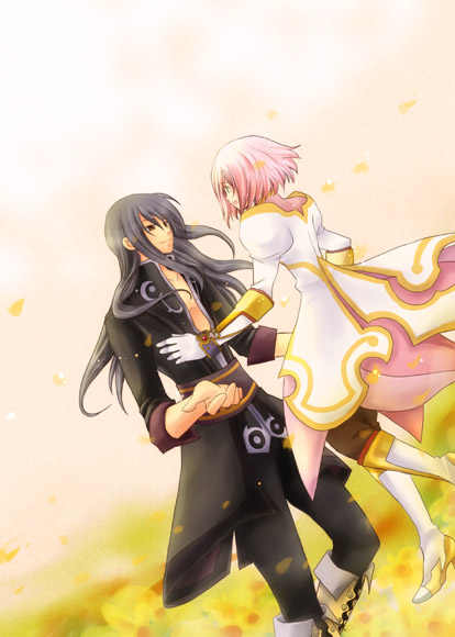 mochi (tukimo), estellise sidos heurassein, yuri lowell, tales of (series), tales of vesperia, 00s, 1boy, 1girl, black hair, boots, couple, dress, garden, gloves, hetero, knee boots, long hair, pink hair, short hair, smile