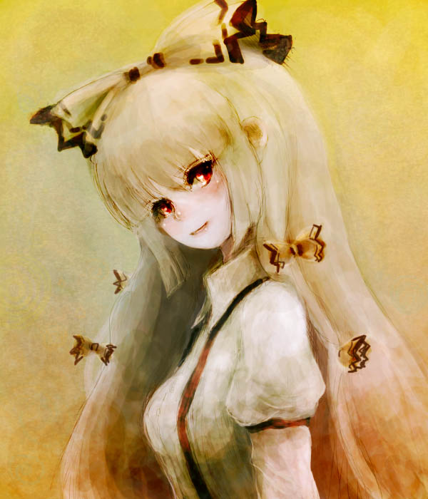 katari, fujiwara no mokou, touhou, 1girl, bow, female focus, hair bow, head tilt, hime cut, long hair, multiple hair bows, profile, red eyes, smile, solo, upper body, white hair