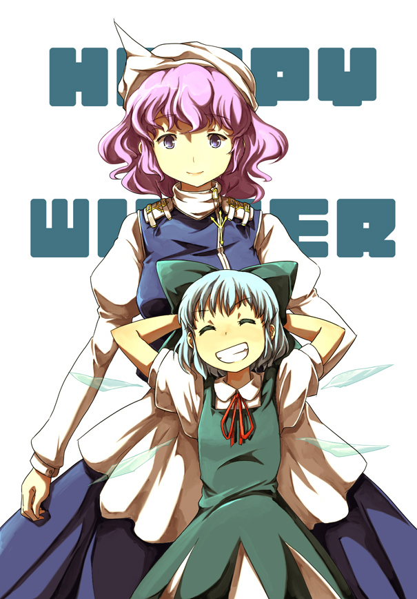 mishima hiroji, cirno, letty whiterock, touhou, 2girls, :d, ^ ^, blue dress, closed eyes, dress, expressionless, female focus, grin, hat, looking at viewer, looking back, mob cap, multiple girls, open mouth, pink hair, puffy short sleeves, puffy sleeves, short hair, short sleeves, simple background, smile, teeth, text focus, white background