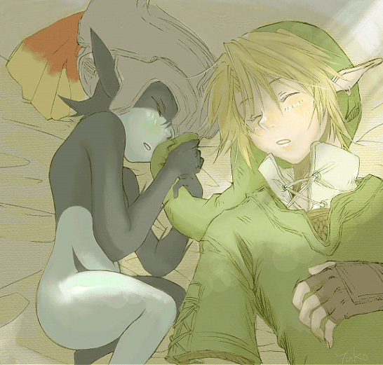 link, midna, nintendo, the legend of zelda, the legend of zelda: twilight princess, 1boy, 1girl, blonde hair, blush, earrings, gloves, hat, jewelry, pointy ears, sleeping