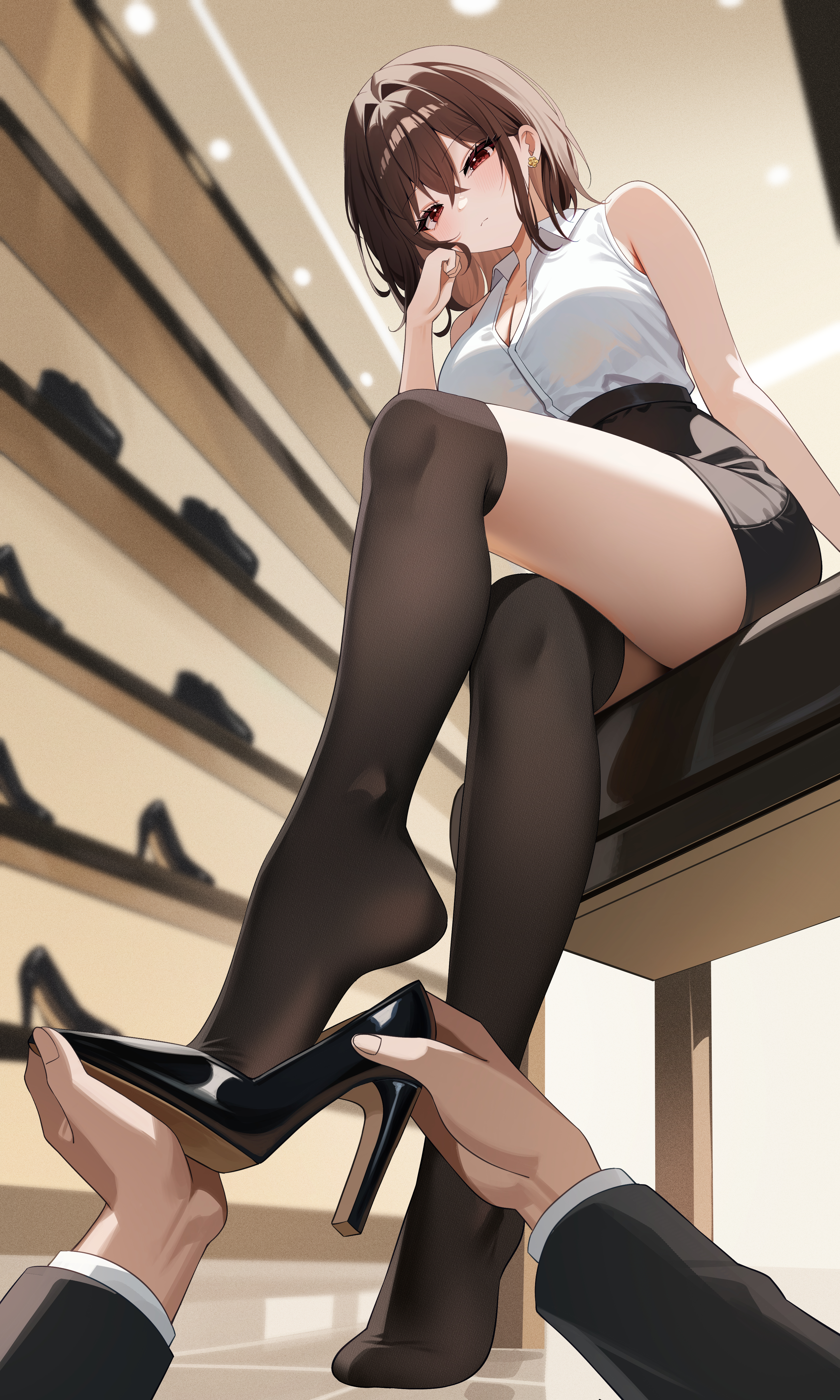 iyusei 02, original, absurdres, commentary request, commission, highres, 1girl, 1other, bare arms, bare shoulders, black shoes, black skirt, blurry, blush, breasts, brown hair, brown thighhighs, cleavage, closed mouth, collared shirt, depth of field, dressing another, earrings, expressionless, from below, hair between eyes, hand up, high-waist skirt, high heels, jewelry, large breasts, leg up, looking at viewer, looking down, medium hair, miniskirt, pencil skirt, pov, pov hands, red eyes, shirt, shirt tucked in, shoes, sidelocks, skirt, sleeveless, sleeveless shirt, solo focus, thighhighs, thighs, white shirt