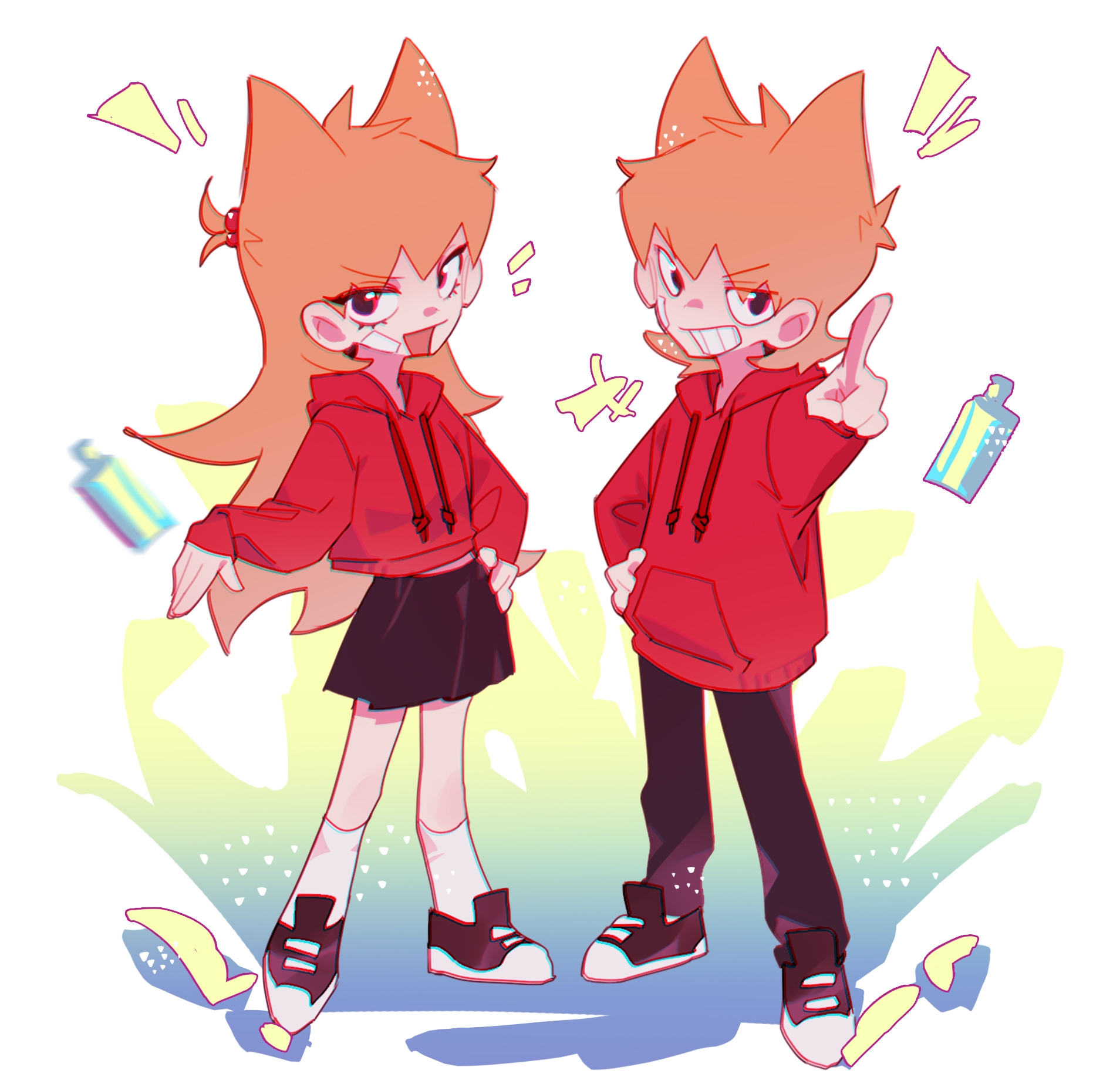 eddsworld, chinese commentary, commentary request, highres, +++, 1boy, 1girl, :d, antenna hair, black eyes, black pants, black shoes, black skirt, breasts, brown hair, chromatic aberration, crop top, cropped hoodie, deformed, drawstring, dual persona, fewer digits, foreshortening, full body, grin, hair behind ear, hair between eyes, hair bobbles, hair horns, hair ornament, hand on own hip, hood, hood down, hoodie, kneehighs, long hair, long sleeves, midriff peek, miniskirt, no pupils, open mouth, pants, pleated skirt, pocket, pointing, pointing at viewer, ponytail, puffy long sleeves, puffy sleeves, red hoodie, shoes, short hair, short ponytail, simple background, skirt, small breasts, smile, socks, spray can, standing, swept bangs, tord (eddsworld), tori (eddsworld), v-shaped eyebrows, very long hair, very short hair, white background, white socks, xic94