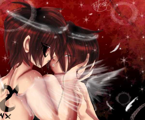 tagme, angel, feathers, incest, red hair, red theme, siblings, tattoo, twins, wings