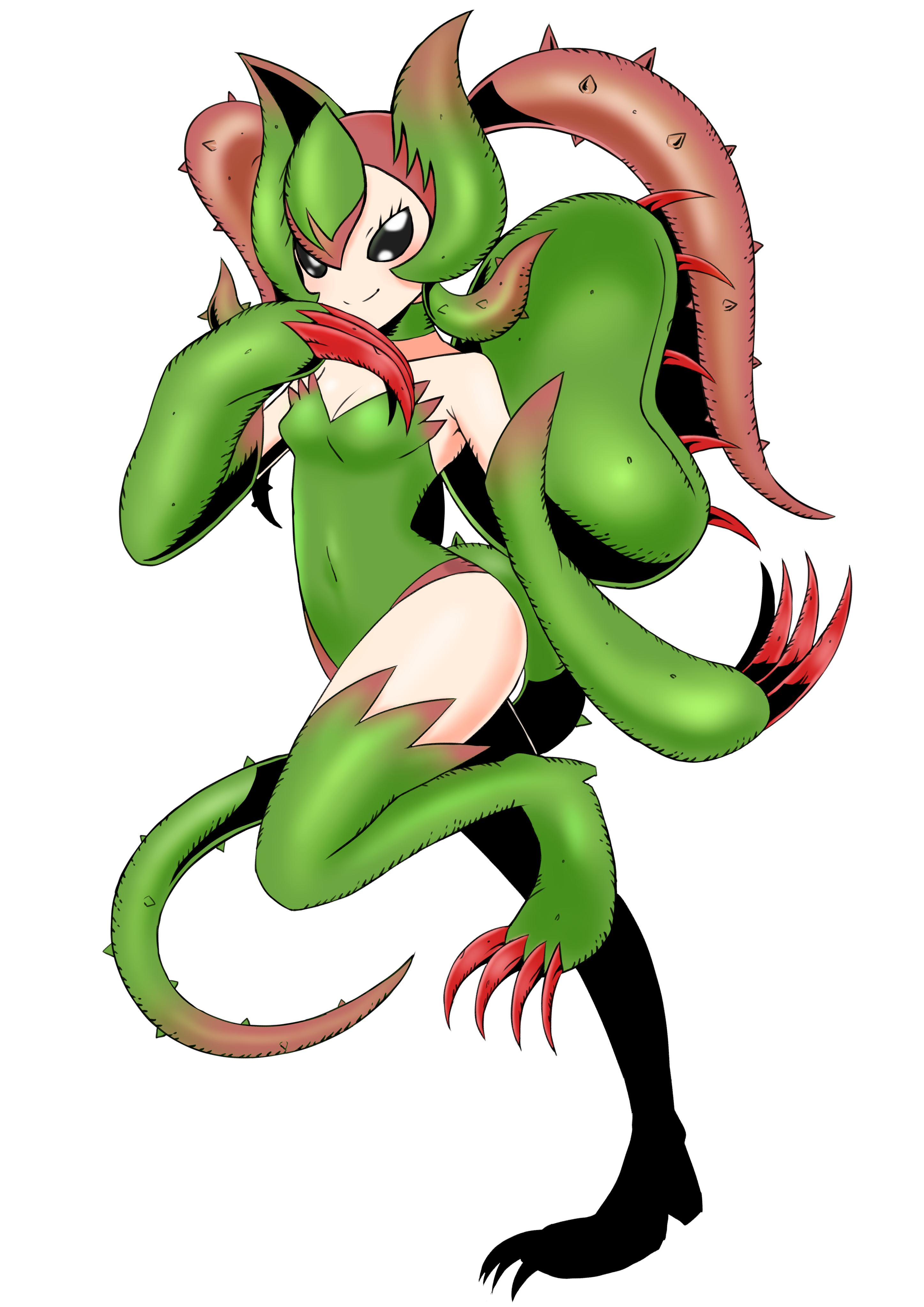 lilimon, digimon, original, 100zettabyte, 1girl, claws, digimon (creature), monster girl, oridigi, plant girl, simple background, tail, white background