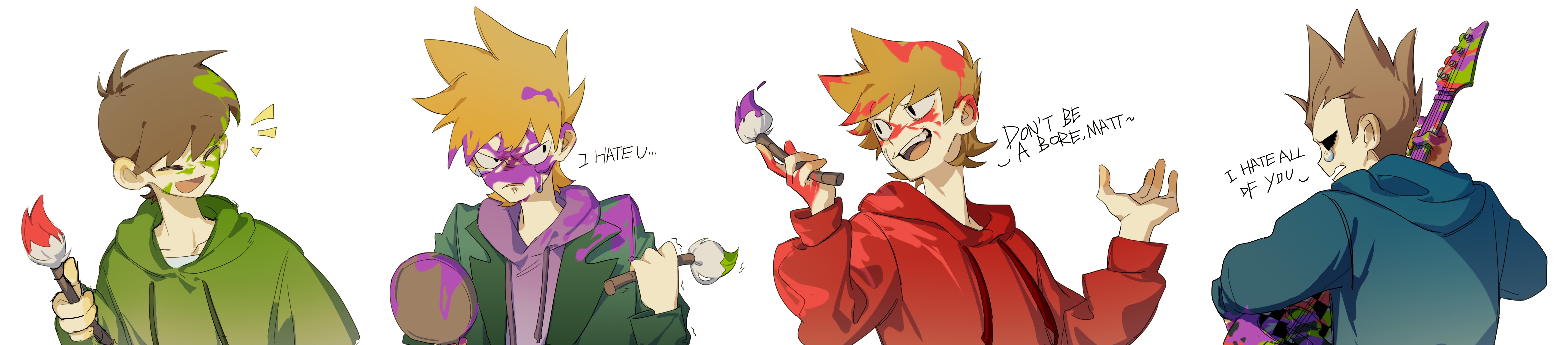 edd (eddsworld), matt (eddsworld), tom (eddsworld), eddsworld, absurdres, chinese commentary, commentary request, highres, long image, wide image, 4boys, :d, ^ ^, antenna hair, bass guitar, black eyes, blonde hair, blue hoodie, brown hair, clenched teeth, closed eyes, closed mouth, crying, crying with eyes open, drawstring, english text, facing another, fang, frown, green hoodie, green jacket, hair behind ear, hair horns, hand mirror, hand up, hands up, holding, holding bass guitar, holding instrument, holding mirror, holding paintbrush, hollow eyes, hood, hood down, hoodie, instrument, jacket, jacket over hoodie, lapels, long sleeves, looking at another, male focus, mirror, multiple boys, notched lapels, notice lines, open clothes, open jacket, open mouth, paint splatter, paintbrush, profile, puffy long sleeves, puffy sleeves, purple hoodie, red hoodie, shirt, short hair, sideways mouth, simple background, smile, talking, tears, teeth, tongue, tord (eddsworld), upper body, upper teeth only, very short hair, white background, white shirt, xic94