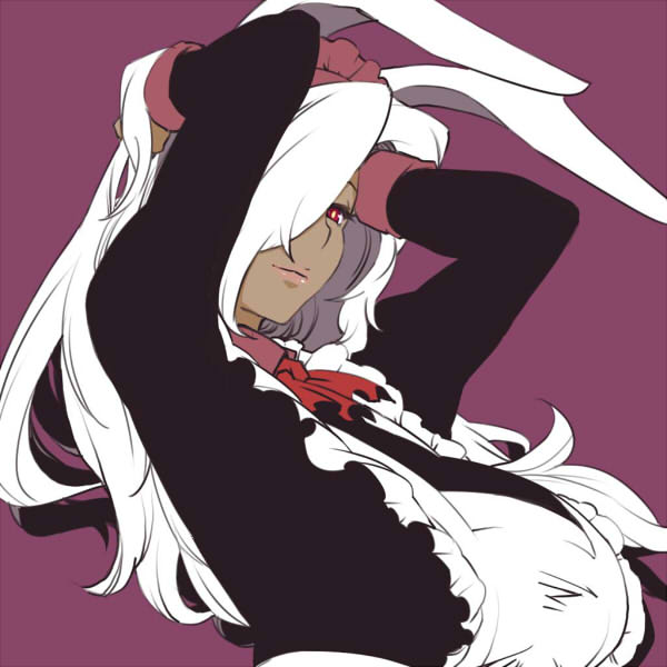 dameyo, ozoi, futaba channel, nijiura maids, original, alternate breast size, bad id, bad pixiv id, 1girl, adjusting hair, alternate hair color, alternate skin color, animal ears, apron, arms behind head, arms up, breasts, dark-skinned female, dark skin, female focus, hair over one eye, large breasts, lips, long hair, maid, maid apron, maid headdress, pink lips, purple background, rabbit ears, red eyes, simple background, solo, white hair