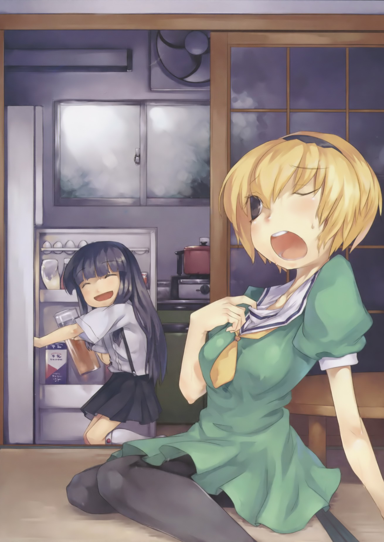 mikage sekizai, furude rika, houjou satoko, higurashi no naku koro ni, highres, 00s, 2girls, blonde hair, blue hair, breasts, dress, green skirt, hairband, hot, long hair, multiple girls, one eye closed, pantyhose, refrigerator, sailor dress, school uniform, serafuku, short hair, skirt, slice of life