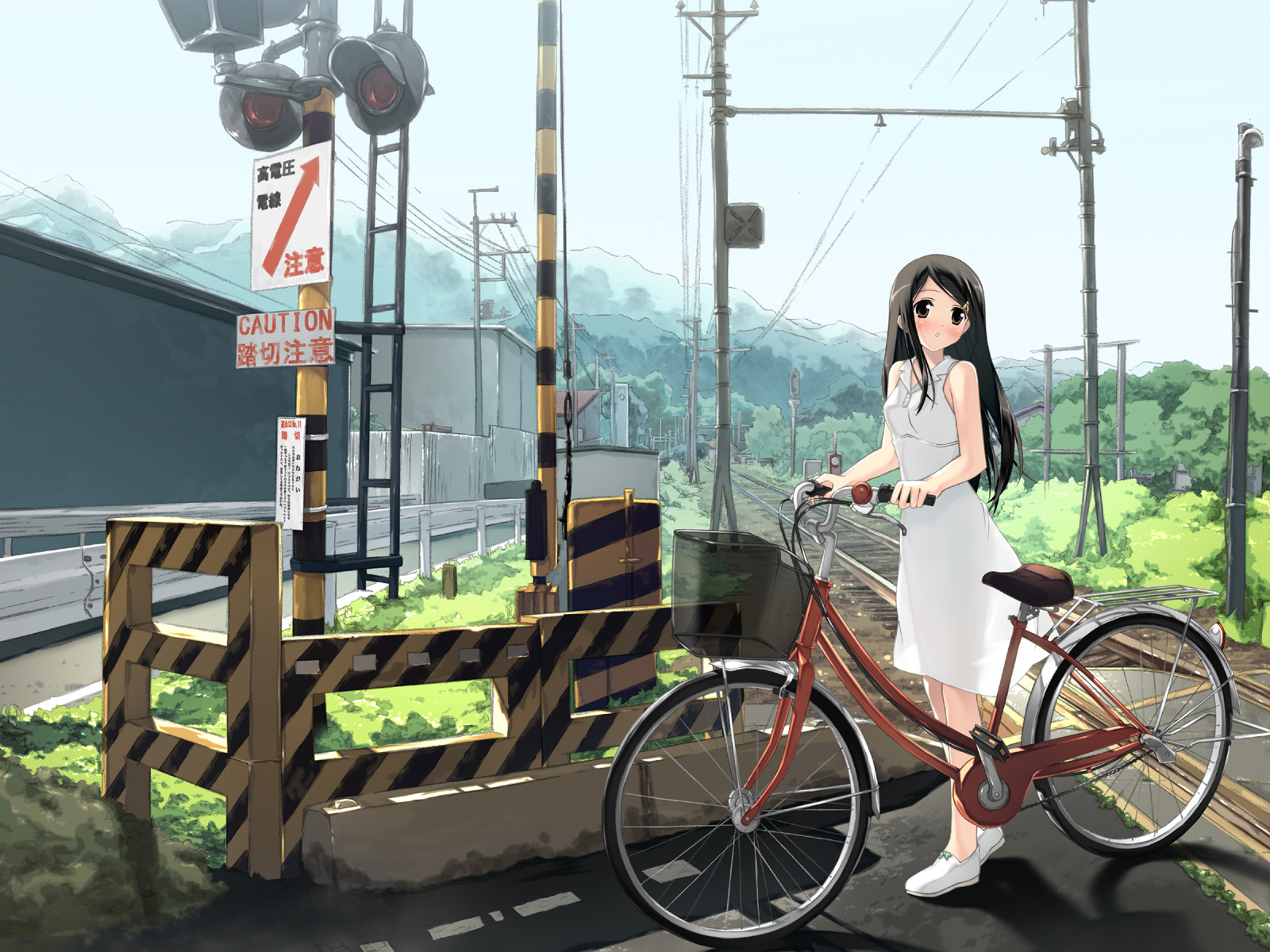 crossing, kantoku, suzuki sora, mahou tsukai ni taisetsu na koto, mahou tsukai ni taisetsu na koto: natsu no sora, clip, highres, 00s, 1girl, bicycle, black hair, blush, brown eyes, building, caution, day, dress, female focus, hair ornament, hairpin, hokkaido, long hair, looking at viewer, mountain, no socks, outdoors, parted lips, power lines, pushing bicycle, railroad crossing, railroad signal, railroad tracks, real world location, road, scenery, shoes, sign, skirt, sky, sleeveless, sleeveless dress, solo, traffic light, utility pole, vanishing point, walking, white dress, white shoes, white skirt, wide shot