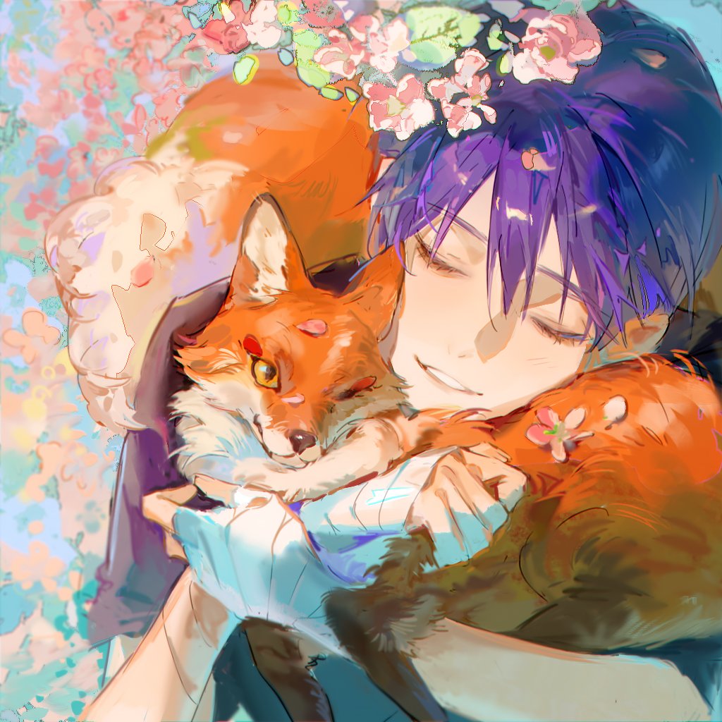 fushimi gaku, kenmochi touya, kenmochi touya (1st costume), nijisanji, 1boy, animal, animalization, bandaged hand, bandages, cherry blossoms, closed eyes, closed mouth, fox, hair between eyes, holding, holding animal, inkefky0505, male focus, purple hair, smile, upper body, virtual youtuber