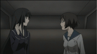 isayama yomi, tsuchimiya kagura, ga-rei, ga-rei zero, animated, animated gif, anime screenshot, lowres, 00s, 2girls, black hair, blue eyes, blush, car, car interior, food, kiss, leg between thighs, motor vehicle, multiple girls, pocky, pocky kiss, shared food, short hair, skirt, subtext, surprised, yuri