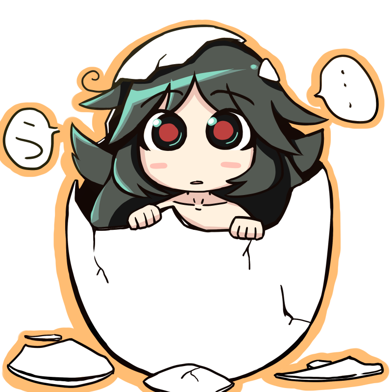 ugi gif, ugif, reiuji utsuho, touhou, 1girl, black hair, egg, female focus, hatching, long hair, red eyes, solo, white background, wings