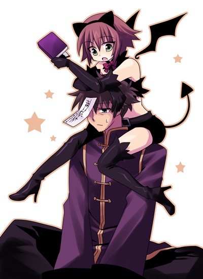 raven (tales), rita mordio, tales of (series), tales of vesperia, 00s, 1boy, 1girl, black hair, blue eyes, book, brown hair, chinese clothes, demon, elbow gloves, gloves, green eyes, ribbon, tail, thighhighs, wings