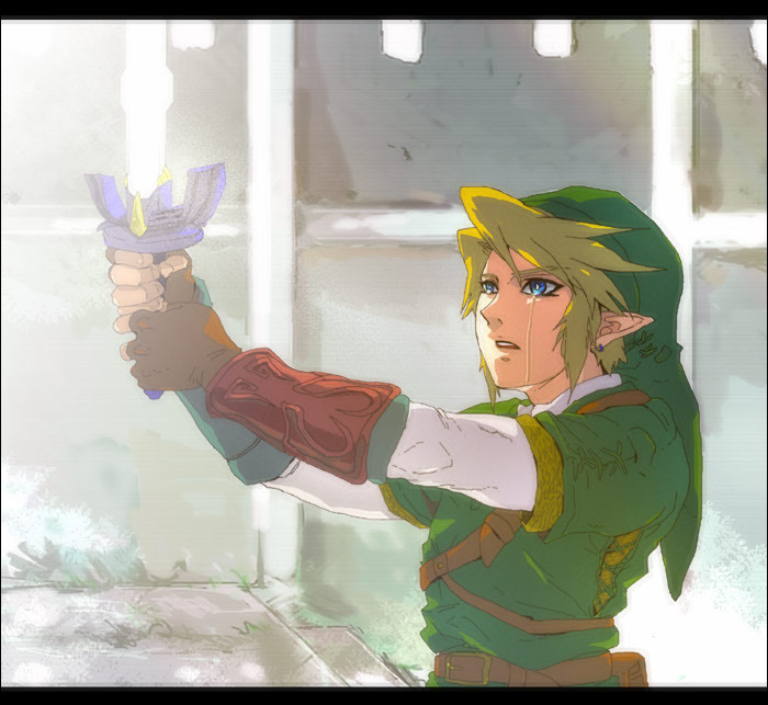 akira-riku, link, nintendo, the legend of zelda, 1boy, blonde hair, blue eyes, gloves, hat, male focus, master sword, pointy ears, solo, sword, tears, weapon
