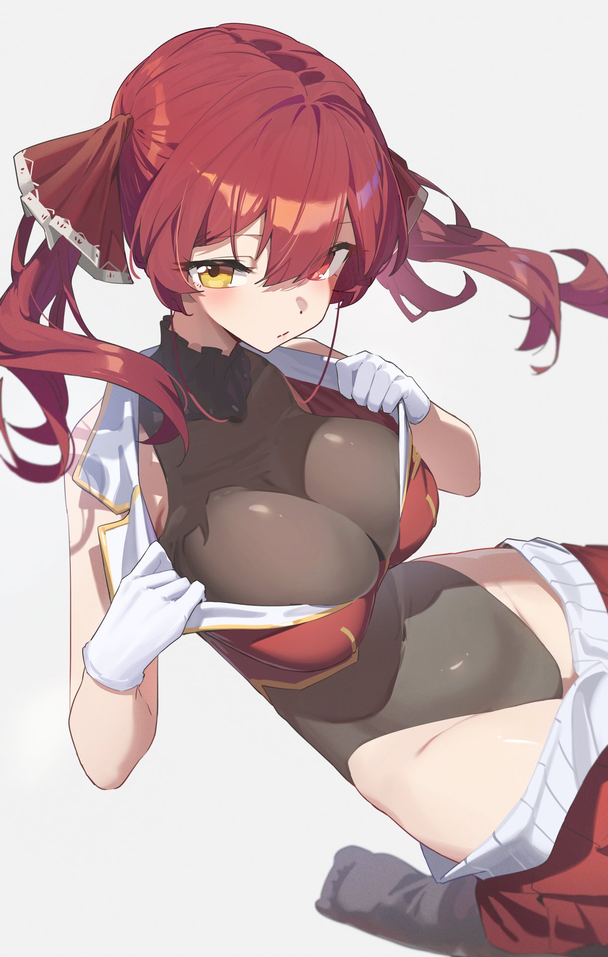 reulem, houshou marine, houshou marine (1st costume), hololive, highres, 1girl, bodystocking, breasts, gloves, grey background, hair ribbon, heterochromia, highleg, large breasts, looking at viewer, medium hair, red eyes, red hair, red ribbon, ribbon, simple background, solo, thighs, twintails, virtual youtuber, white gloves, yellow eyes