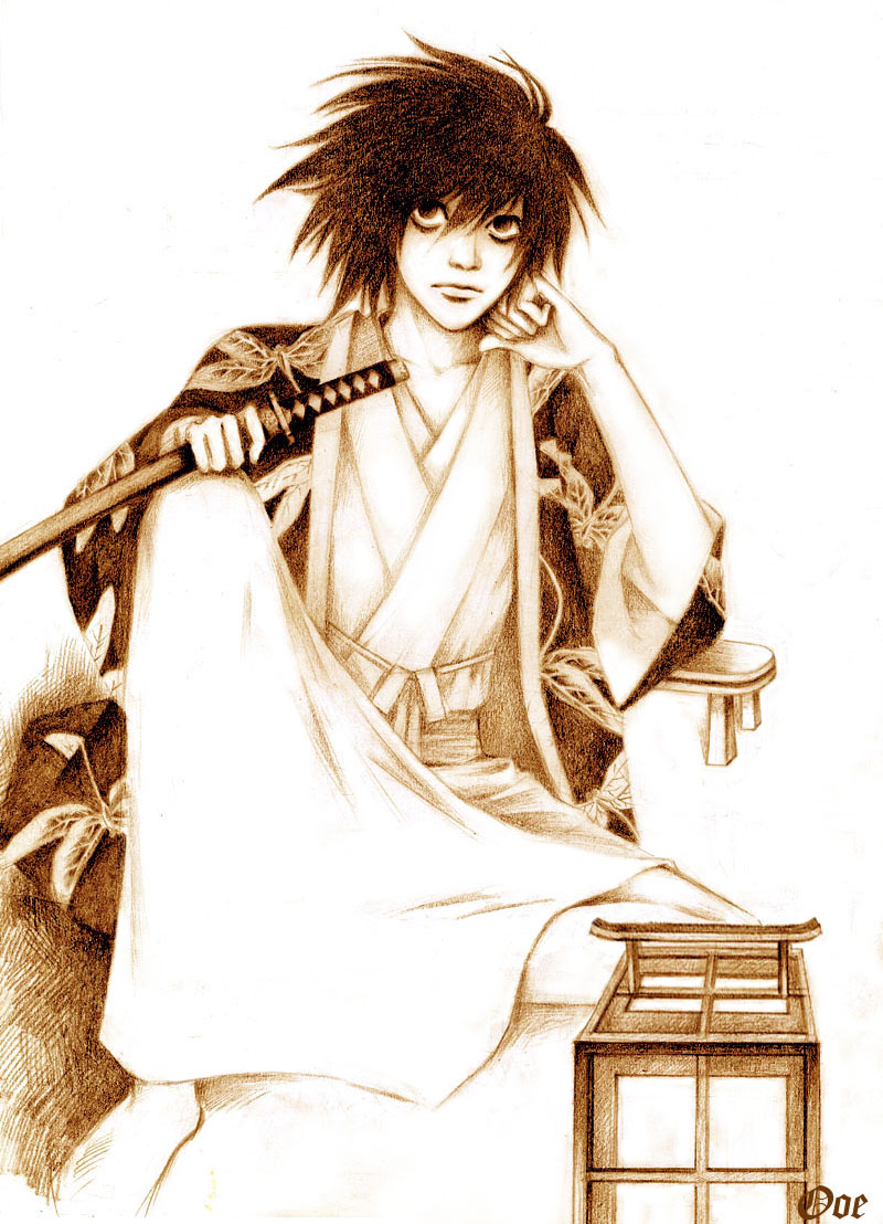 l (death note), death note, traditional media, 00s, 1boy, bags under eyes, black hair, japanese clothes, kimono, lantern, male focus, solo, sword, weapon