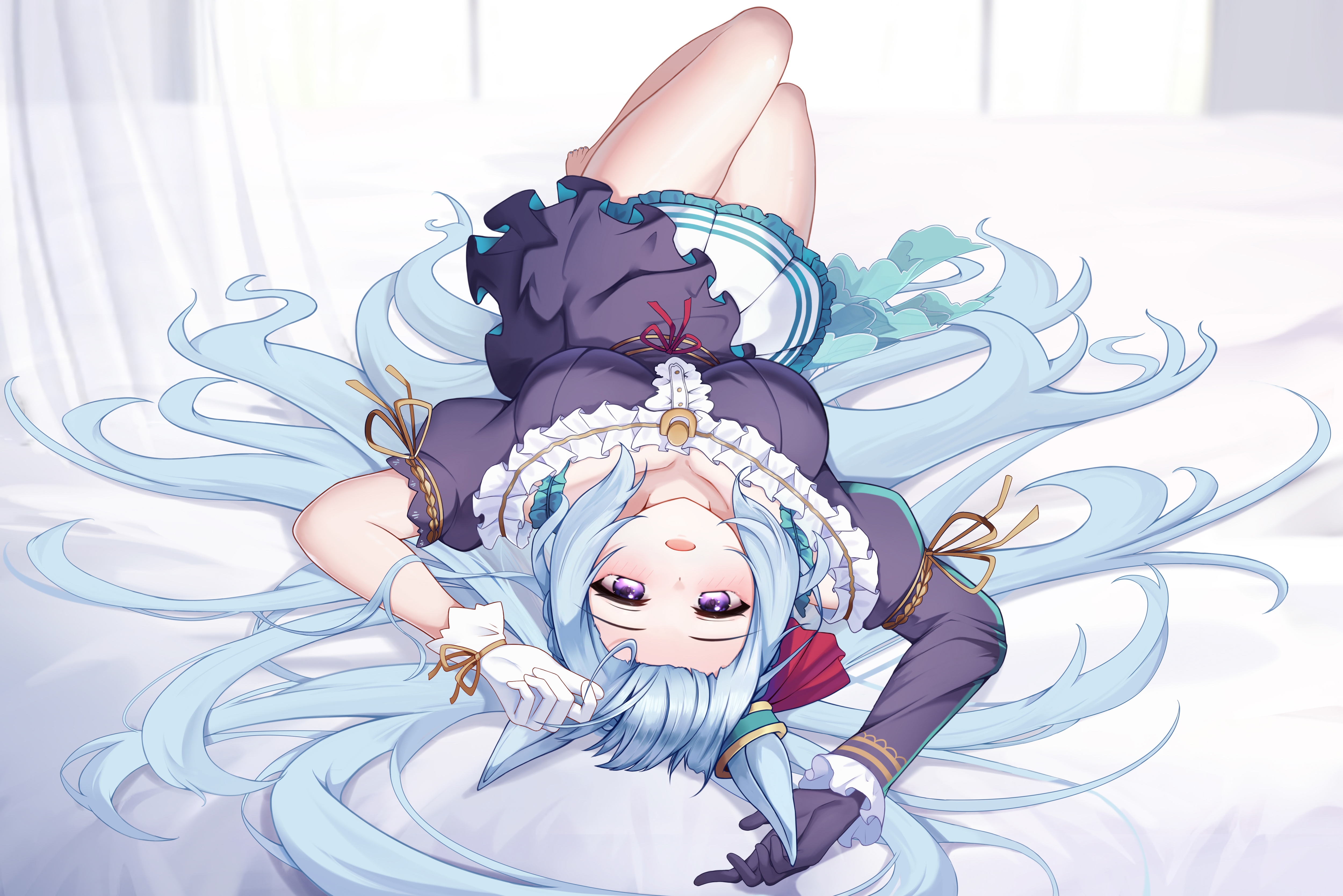a shui, mejiro ardan (clinochlore line) (umamusume), mejiro ardan (umamusume), umamusume, absurdres, highres, 1girl, animal ears, asymmetrical gloves, blue hair, blush, breasts, forehead, gloves, horse ears, horse girl, large breasts, looking at viewer, lying, mismatched gloves, on back, open mouth, purple eyes, purple gloves, purple shirt, shirt, skirt, solo, white gloves, white skirt
