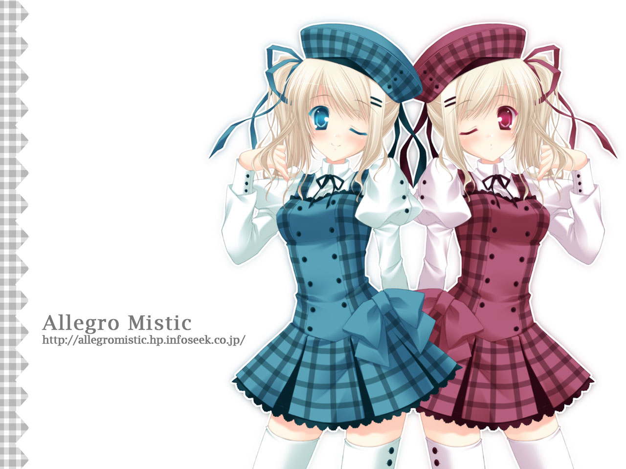takano yuki (allegro mistic), original, 2girls, aqua theme, beret, blonde hair, blue eyes, hair ornament, hairclip, hat, multiple girls, one eye closed, pink theme, ponytail, red eyes, ribbon, siblings, side ponytail, sisters, thighhighs, twins, wink, zettai ryouiki