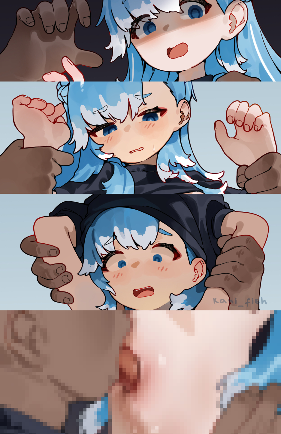 kani fish, kobo kanaeru, hololive, hololive indonesia, commentary, english commentary, highres, paid reward available, 1boy, 1girl, artist name, bald, black shirt, blue eyes, blue hair, censored, clothes lift, colored tips, constricted pupils, dark-skinned male, dark skin, faceless, faceless male, hetero, holding another's wrist, licking, licking navel, long hair, mosaic censoring, multicolored hair, open mouth, shaded face, shirt, shirt lift, short sleeves, white hair