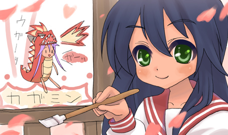 hiiragi kagami, izumi konata, lucky star, drawing, lowres, art brush, blue hair, cherry blossoms, dragon, green eyes, long hair, paintbrush, parody, smile, solo