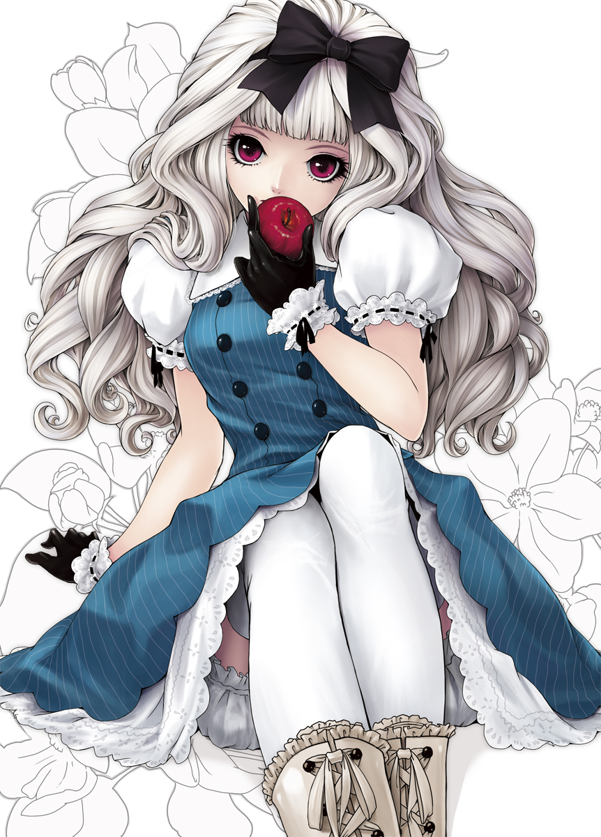 kunishige keiichi, original, highres, 1girl, apple, arm support, black bow, black gloves, bloomers, blue dress, blunt bangs, boots, bow, buttons, covering own mouth, double-breasted, dress, expressionless, eyelashes, female focus, floral background, food, frilled gloves, frills, fruit, gloves, gothic lolita, hair bow, holding, holding food, holding fruit, knees up, lace, lace-trimmed gloves, lace-up boots, lace trim, lolita fashion, long hair, petticoat, puffy short sleeves, puffy sleeves, purple eyes, red eyes, ribbon-trimmed gloves, ribbon-trimmed sleeves, ribbon trim, short sleeves, sitting, solo, striped clothes, striped dress, thighhighs, underwear, vertical-striped clothes, vertical-striped dress, wavy hair, white background, white hair, white thighhighs