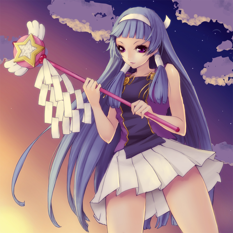 kunishige keiichi, nagi, kannagi, 00s, 1girl, blue hair, blunt bangs, female focus, hair tubes, hairband, long hair, pleated skirt, purple eyes, skirt, solo, star (symbol), wand, white skirt