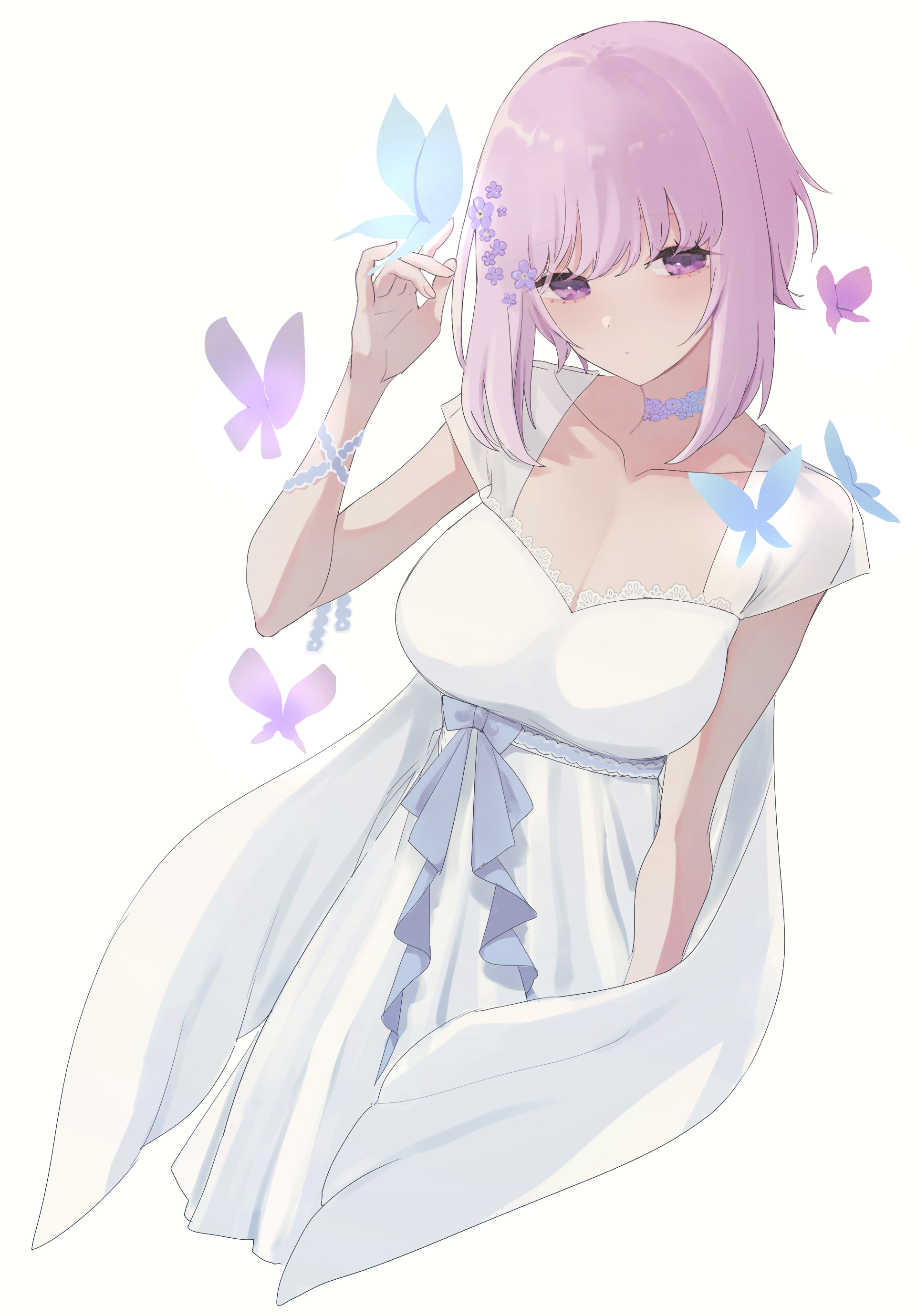 eurasia (wtp09ptw14), original, absurdres, commentary request, highres, 1girl, blue butterfly, breasts, bug, butterfly, cleavage, closed mouth, collarbone, cropped legs, dress, flower, hair flower, hair ornament, hand up, insect, large breasts, looking at viewer, purple butterfly, purple eyes, purple hair, short hair, short sleeves, simple background, solo, swept bangs, white background, white dress