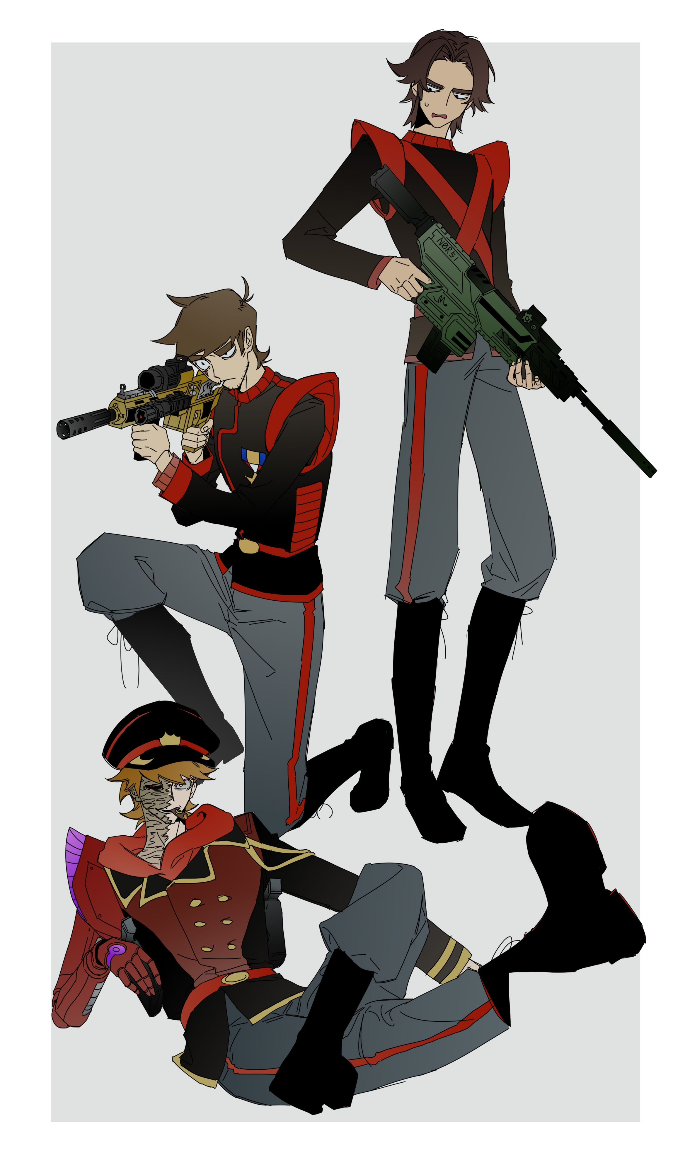 eddsworld, absurdres, commentary, english commentary, highres, 3boys, :d, antenna hair, belt, black boots, black eyes, black hat, black mouth, black sclera, boots, border, brown hair, buttons, cigarette, closed mouth, colored sclera, double-breasted, facial hair, fingernails, foreshortening, frown, full body, future tord (eddsworld), gold trim, grey background, grey pants, gun, hands up, hat, heterochromia, hood, hood down, hoodie, jacket, jacket over hoodie, knee boots, knee up, lace-up boots, layered sleeves, long sleeves, looking at another, looking at viewer, lower teeth only, male focus, mechanical arms, mismatched sclera, mouth hold, multiple boys, on one knee, open mouth, outside border, pants, patryck (eddsworld), paul (eddsworld), peaked cap, peanut mouth, red belt, red eyes, red hoodie, red jacket, red sweater, ribbed sweater, rifle, scar, scar on face, short hair, simple background, single mechanical arm, single vertical stripe, sitting, smile, sniper rifle, standing, sweatdrop, sweater, swept bangs, teeth, thick eyebrows, tord (eddsworld), uneven eyes, very short hair, weapon, white border, white eyes, xic94