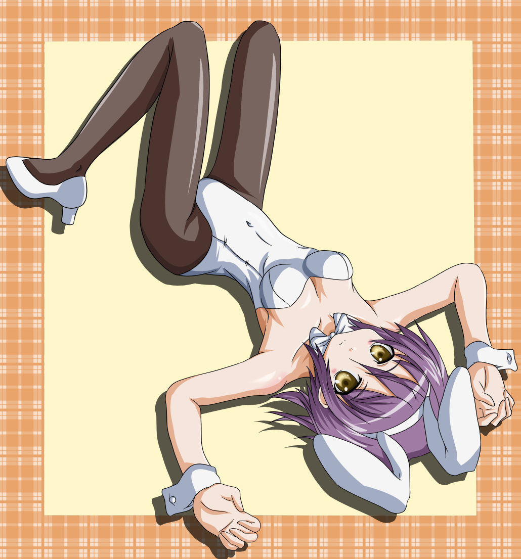 takumi (rozen garten), nagato yuki, suzumiya haruhi no yuuutsu, silver hair, 00s, animal ears, brown eyes, fake animal ears, high heels, lying, pantyhose, playboy bunny, rabbit ears, shoes, short hair, solo