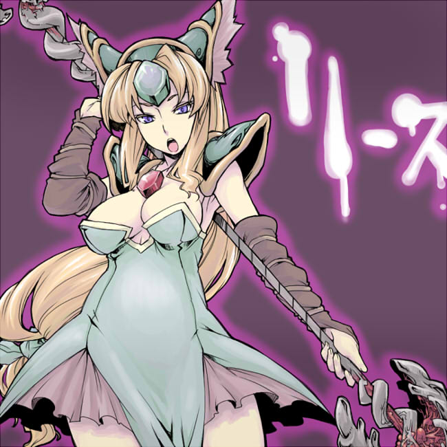 dameyo, riesz, seiken densetsu, seiken densetsu 3, bad id, bad pixiv id, 1girl, blonde hair, blue eyes, breasts, character name, cleavage, elbow gloves, female focus, gloves, large breasts, long hair, low-tied long hair, polearm, solo, spear, weapon