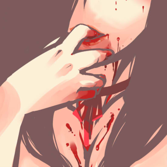 dameyo, ozoi, futaba channel, nijiura maids, bad id, bad pixiv id, 1girl, black hair, blood, close-up, female focus, finger in own mouth, head out of frame, ribbon, solo